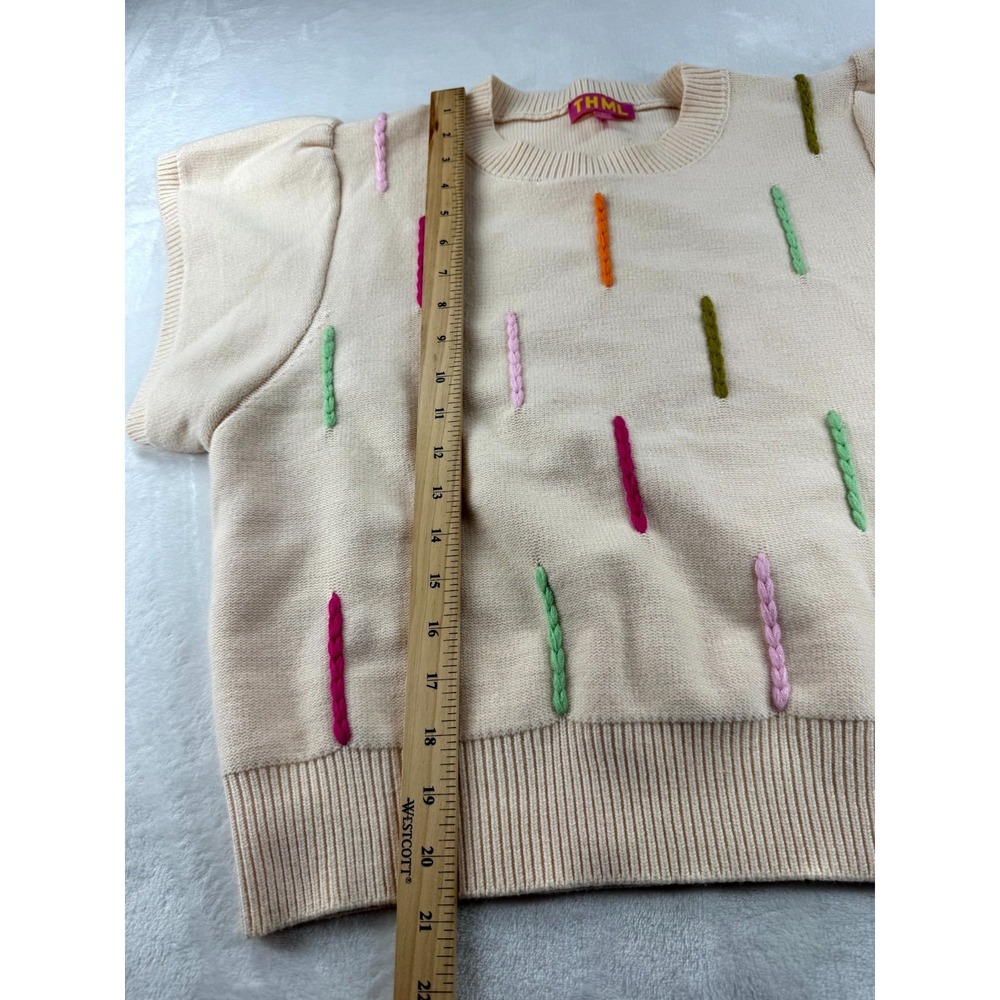 THML Knitted Sweater Women Large Beige Embroidered Crewneck Short Sleeve Classic - Picture 6 of 10
